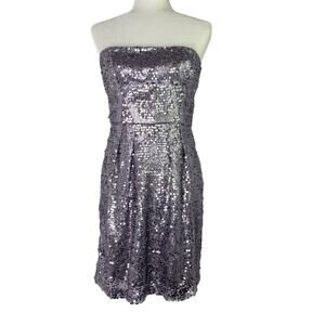 BCBG Sequin Silver Dress Strapless 8 Sparkle
